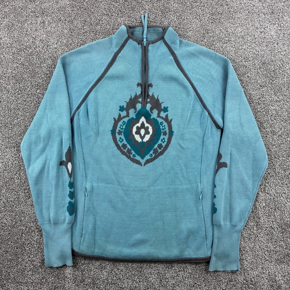 Athleta Popover Sweater Women's Medium Blue 100% Cotton Medallion 1/4 Zip 38251